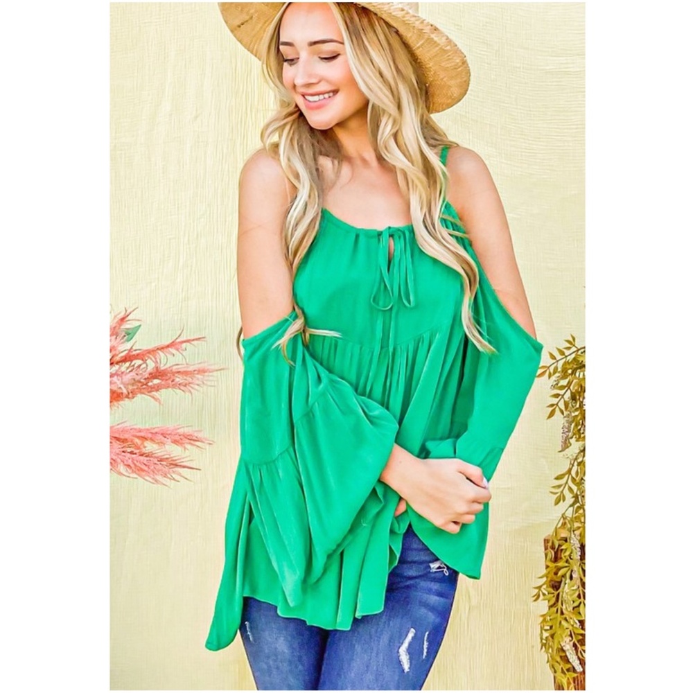 08 Boho Green Cold Shoulder Loose Fit Blouse - Picture 5 of 5